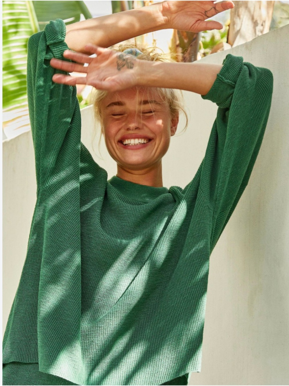 FP Beach Free People Olive Green Oversized Ribbed Knit Crewneck Sweater Medium